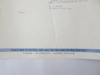 1949 1951 Dodge Plymouth Dealership Letter S.L. Savidge Motors Letterhead