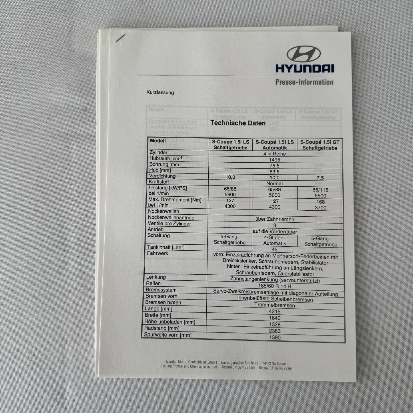 1996 Hyundai Car Press Kit S-Coupe S Coupe Sonata Lantra Accent H100 GERMAN