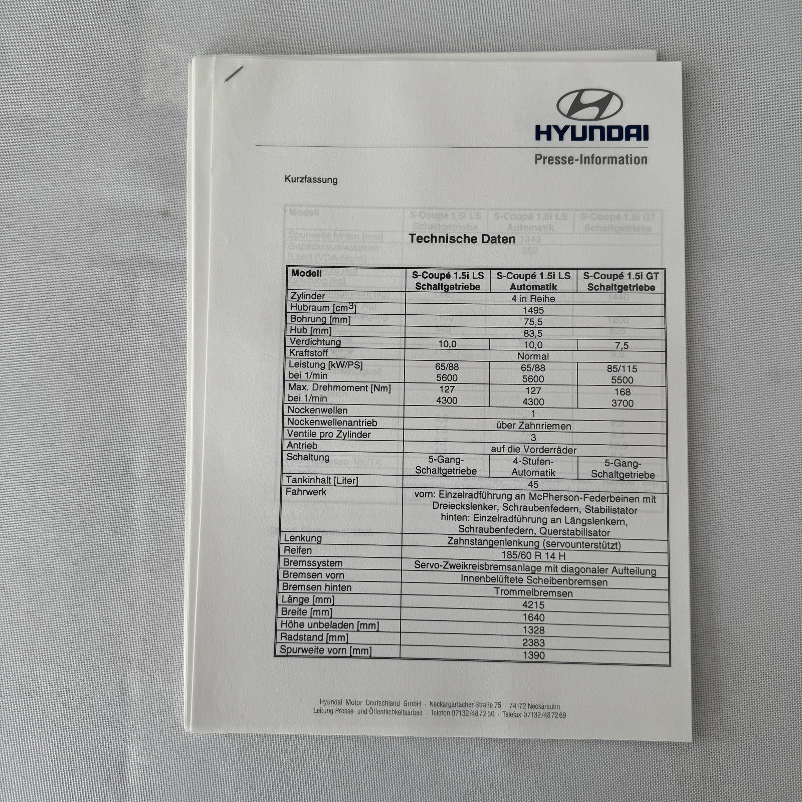 1996 Hyundai Car Press Kit S-Coupe S Coupe Sonata Lantra Accent H100 GERMAN