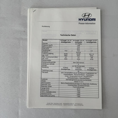 1996 Hyundai Car Press Kit S-Coupe S Coupe Sonata Lantra Accent H100 GERMAN