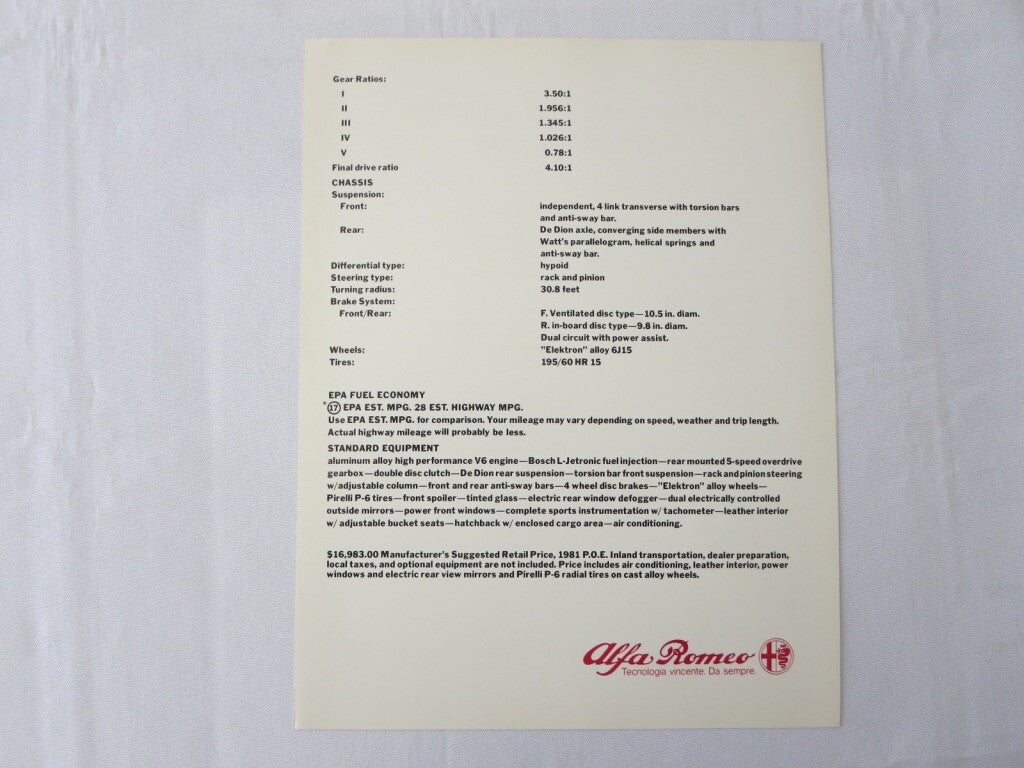 1981 Alfa Romeo GTV-6 2.5 Coupe Specification Sheet Brochure GTV6