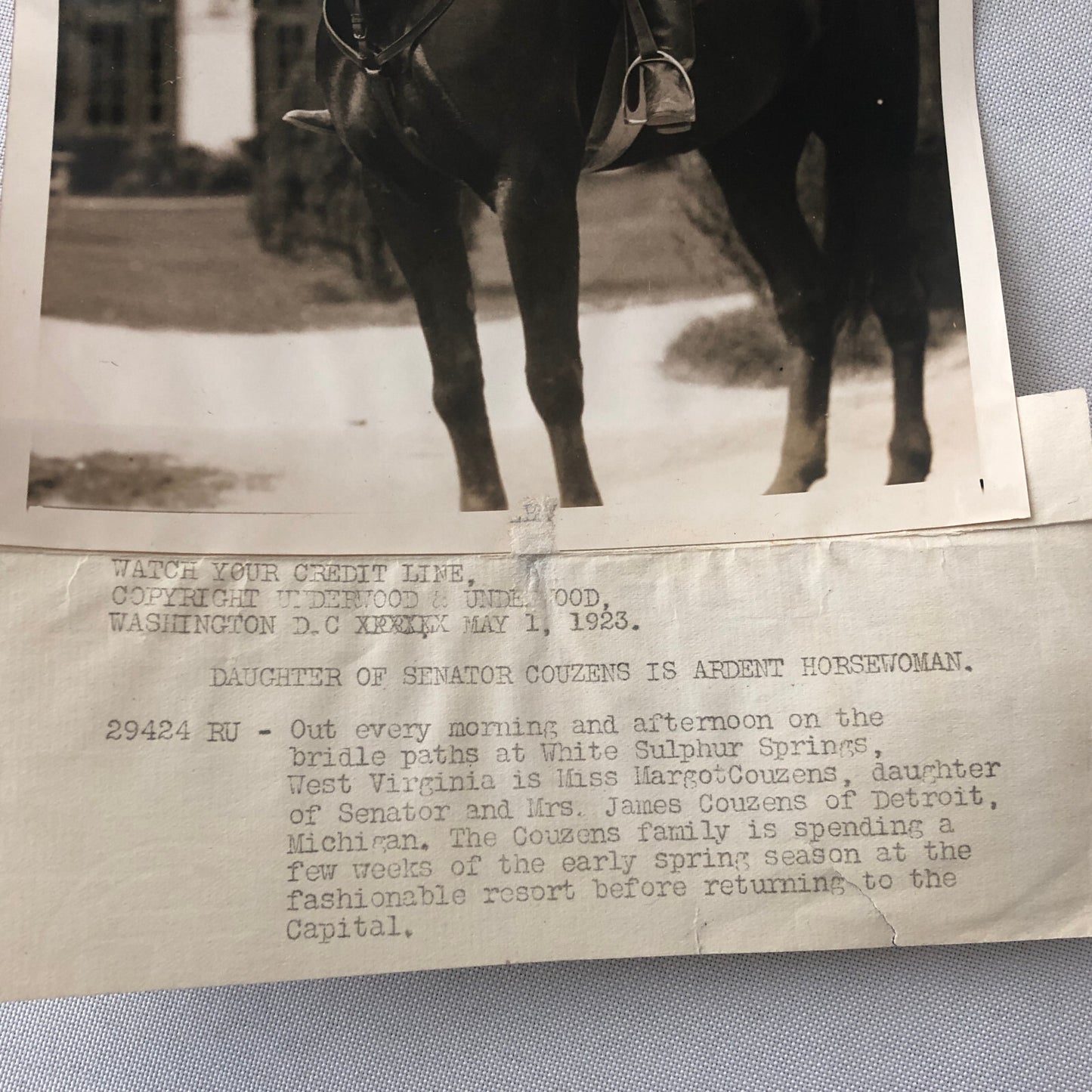 Press Photo Photograph Daughter of Senator James Couzens on Horse 1923