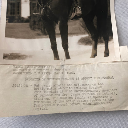 Press Photo Photograph Daughter of Senator James Couzens on Horse 1923