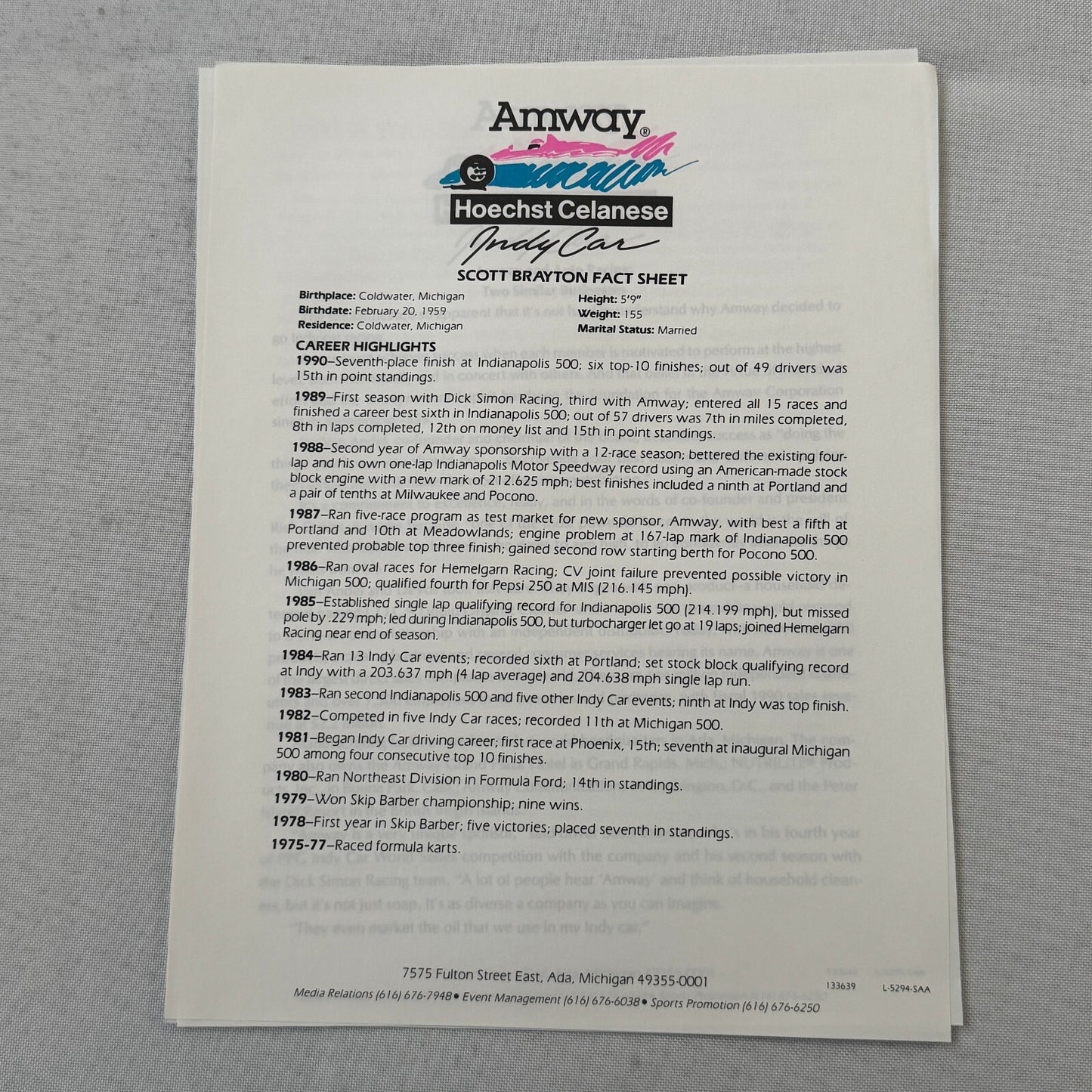 1991 Amway Indy Car Racing Press Kit Brochure Vintage Scott Brayton Driver