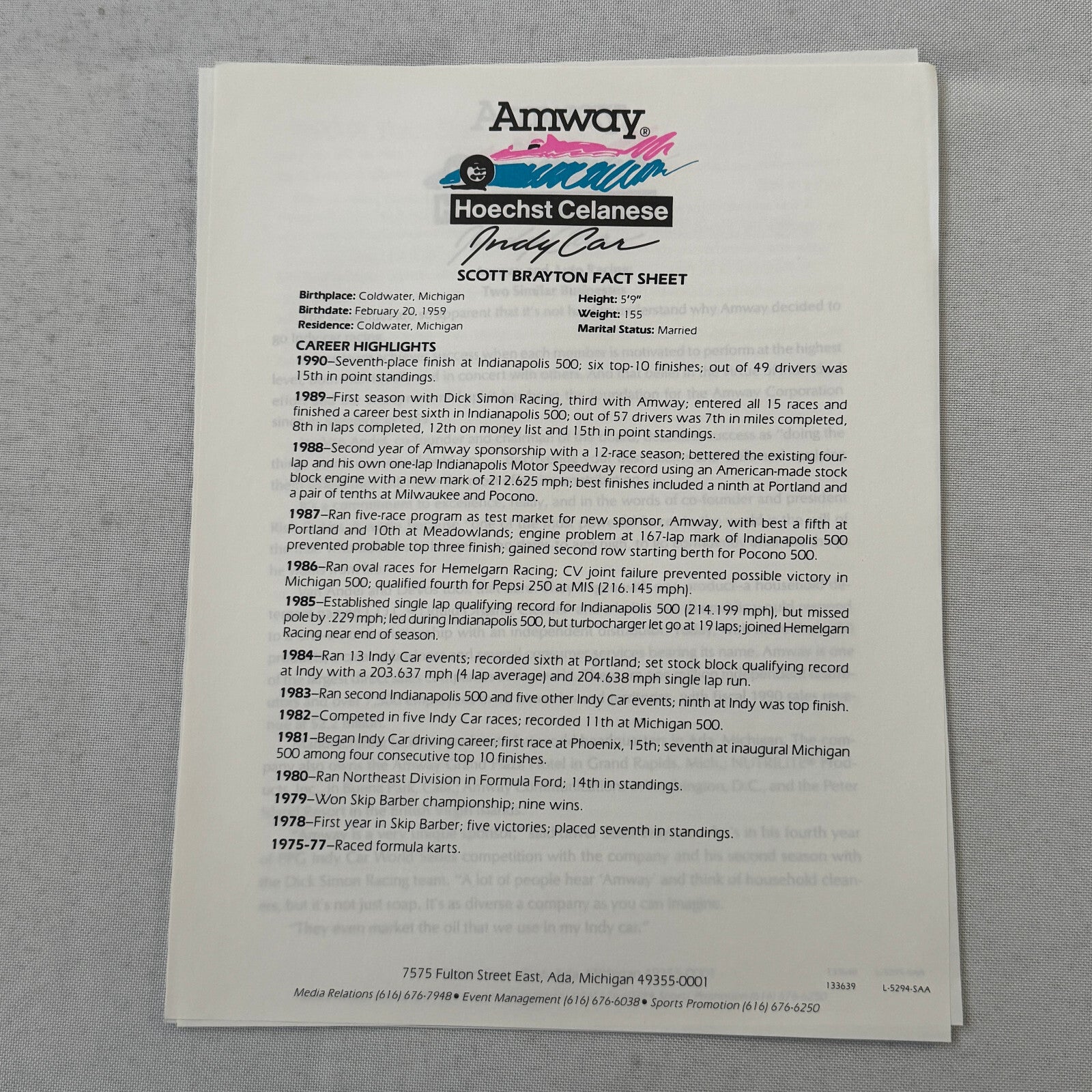 1991 Amway Indy Car Racing Press Kit Brochure Vintage Scott Brayton Driver