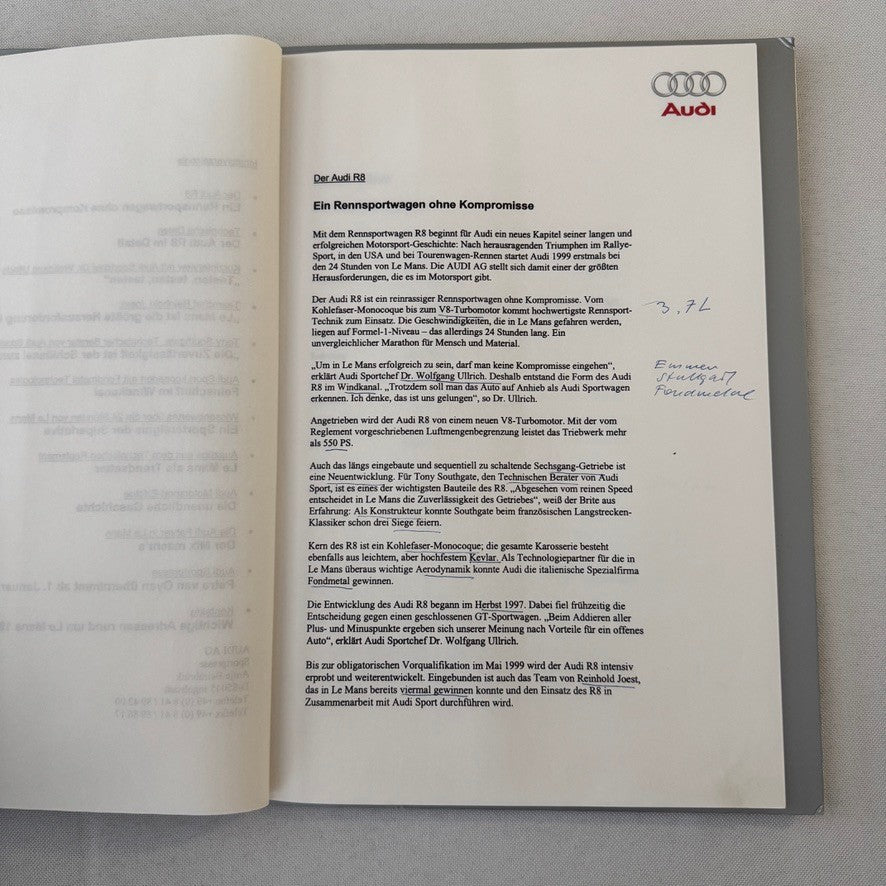 1999 Audi 24 Hours of LeMans Racing Team Press Kit Photos Brochure GERMAN