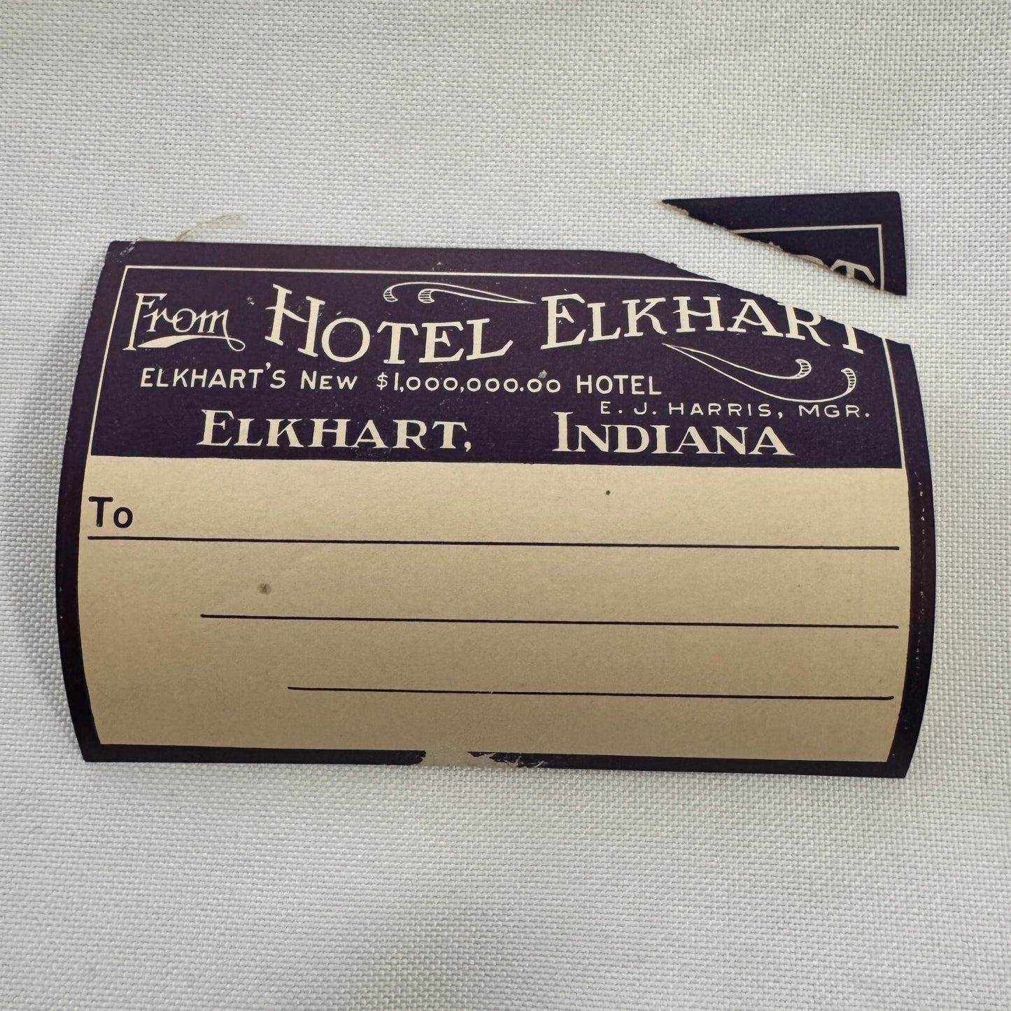 Vintage Travel Luggage Label Hotel Elkhart Indiana