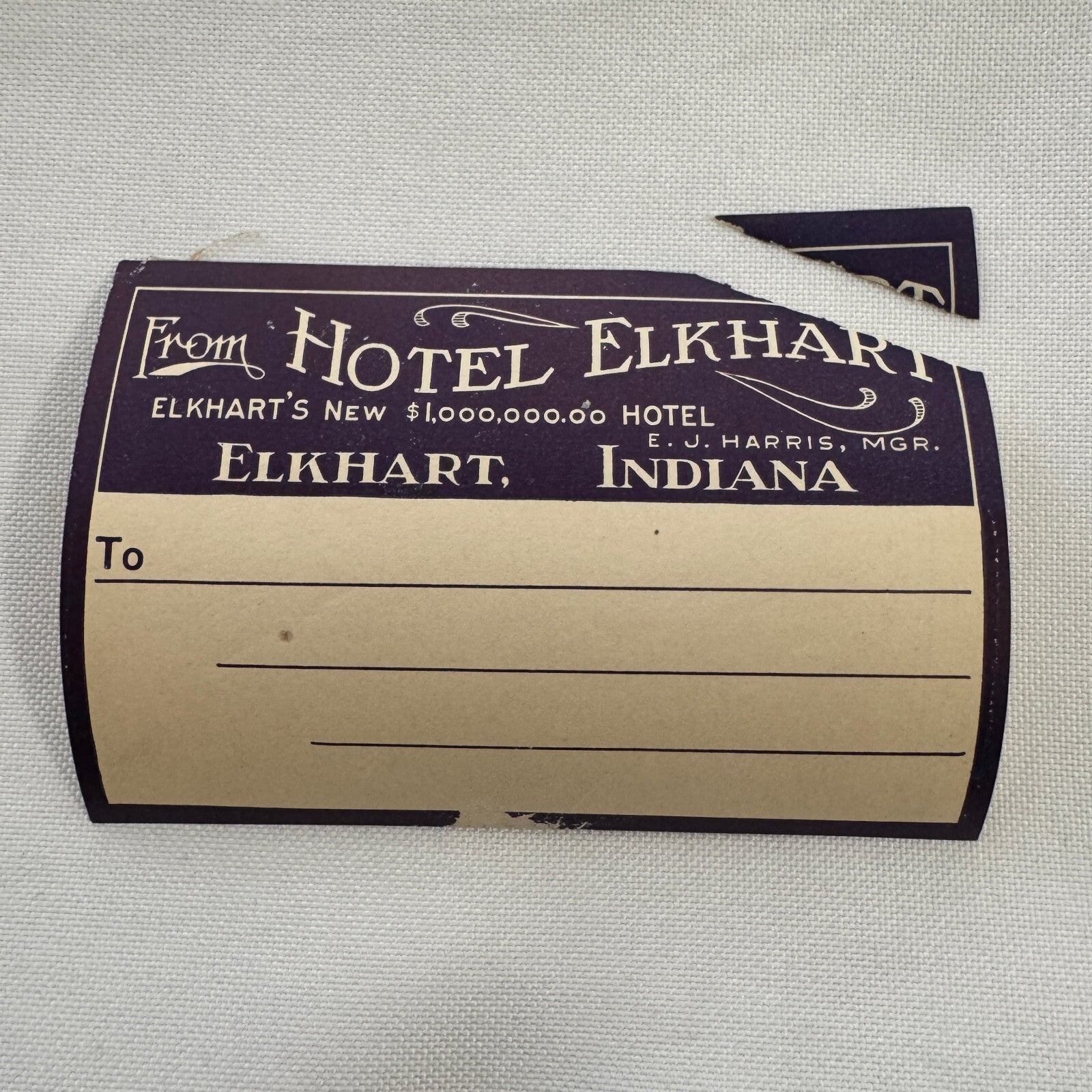Vintage Travel Luggage Label Hotel Elkhart Indiana