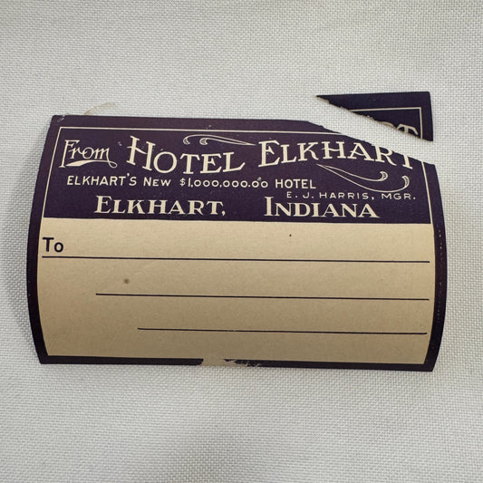 Vintage Travel Luggage Label Hotel Elkhart Indiana