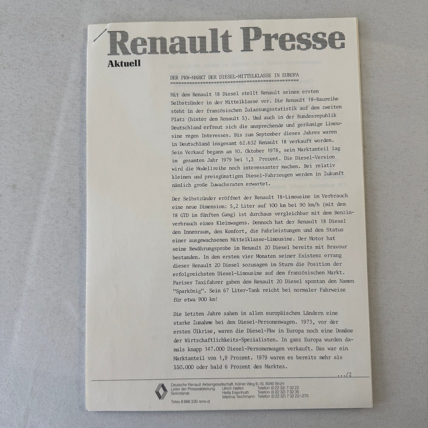 Renault 18 Diesel Car Factory Press Kit Renault 18 TD GTD GERMAN Text 1980 1981