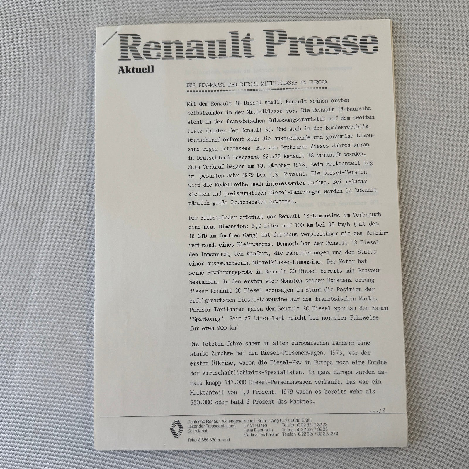 Renault 18 Diesel Car Factory Press Kit Renault 18 TD GTD GERMAN Text 1980 1981