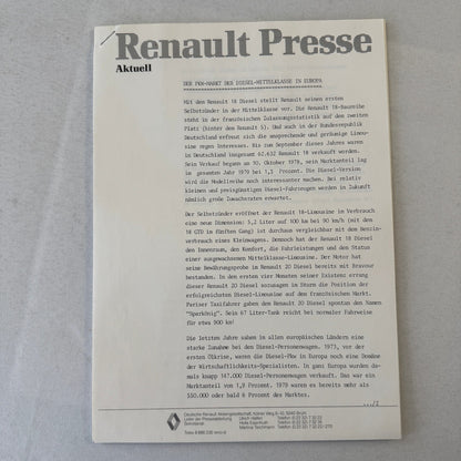 Renault 18 Diesel Car Factory Press Kit Renault 18 TD GTD GERMAN Text 1980 1981