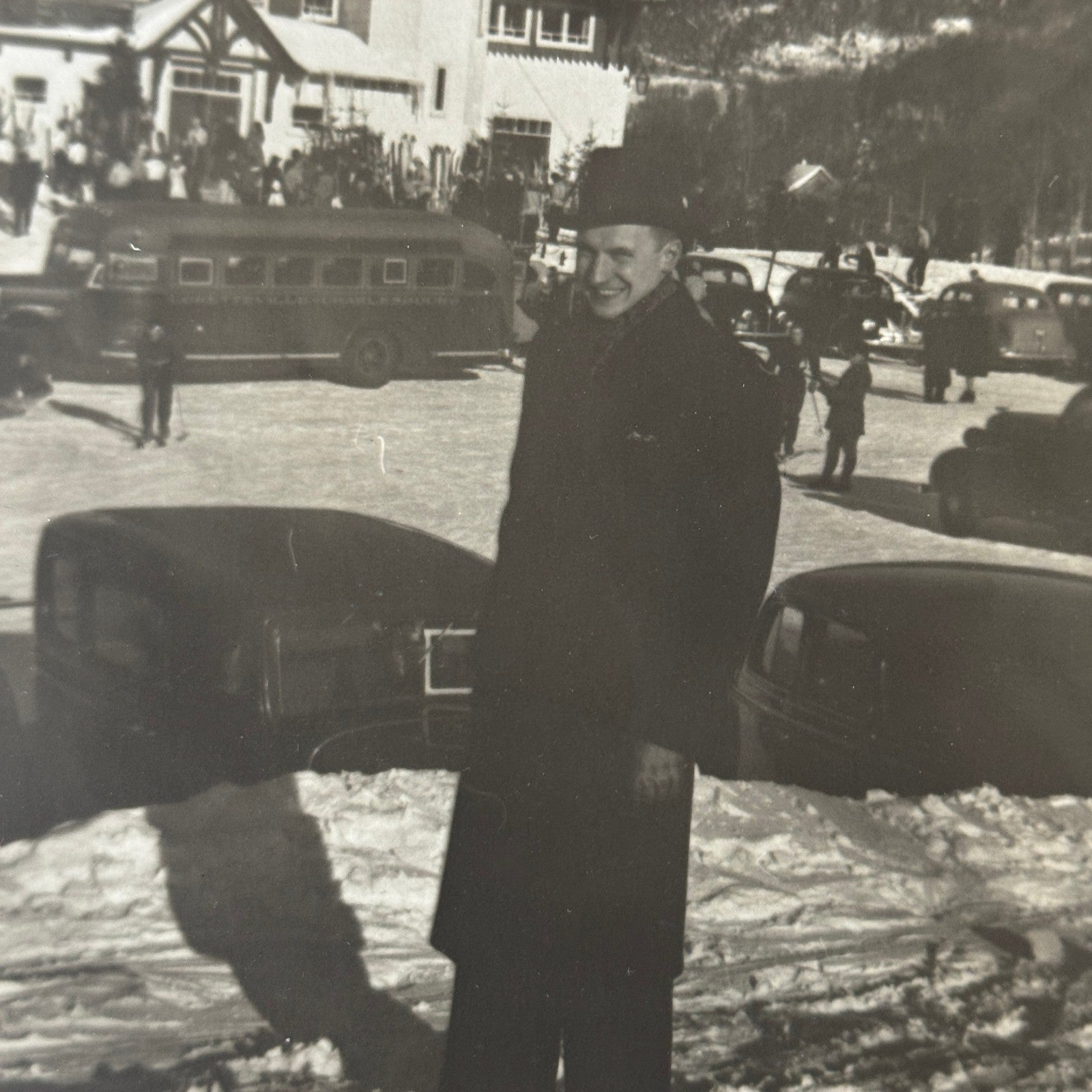 Vintage Photo Photograph Print Man Early Bus Winter Scene