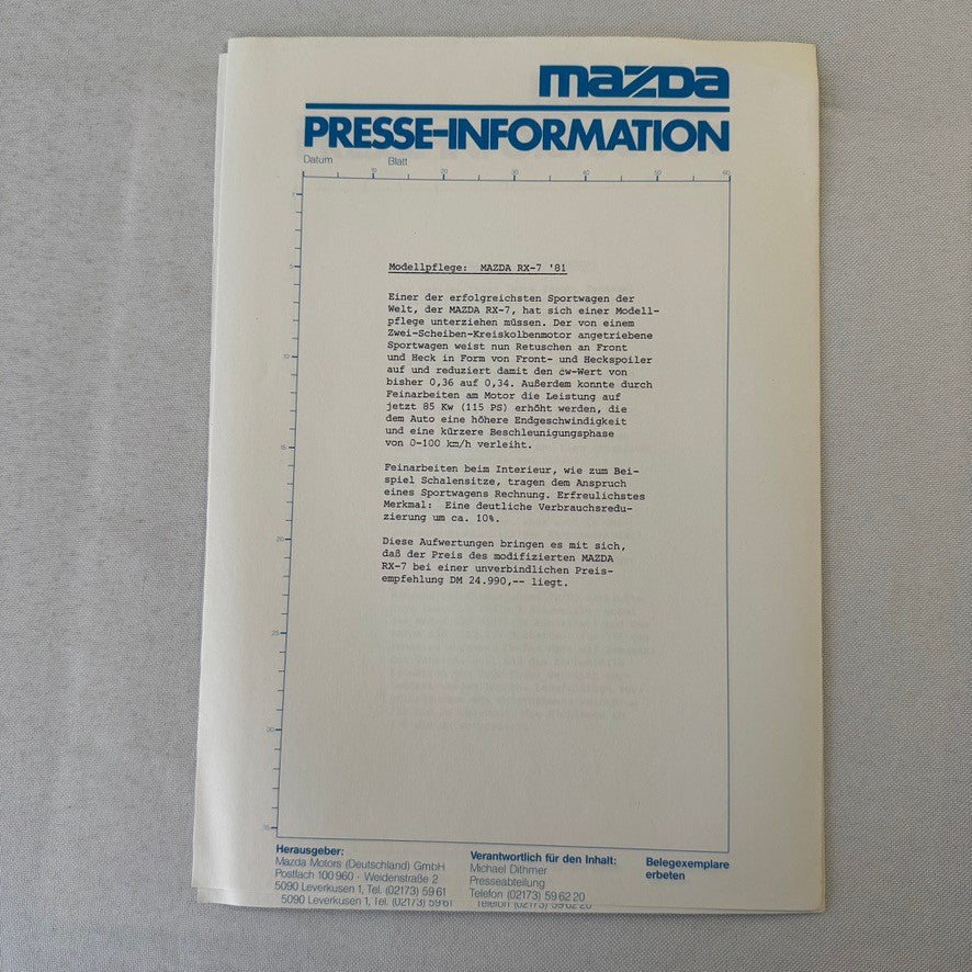 1981 Mazda RX-7 Press Kit Brochure Photos GERMAN Mazda RX7 RX 7 Sports Car