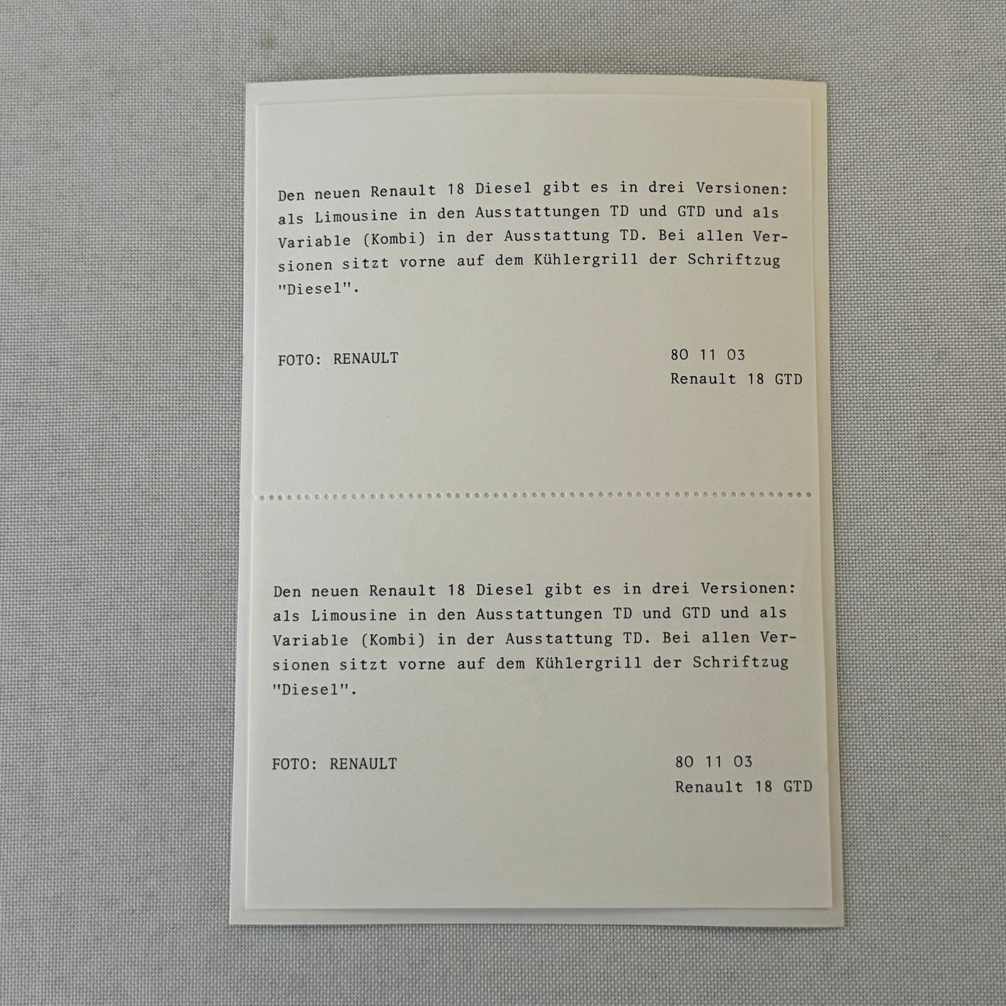 Renault 18 Diesel Car Factory Press Kit Renault 18 TD GTD GERMAN Text 1980 1981