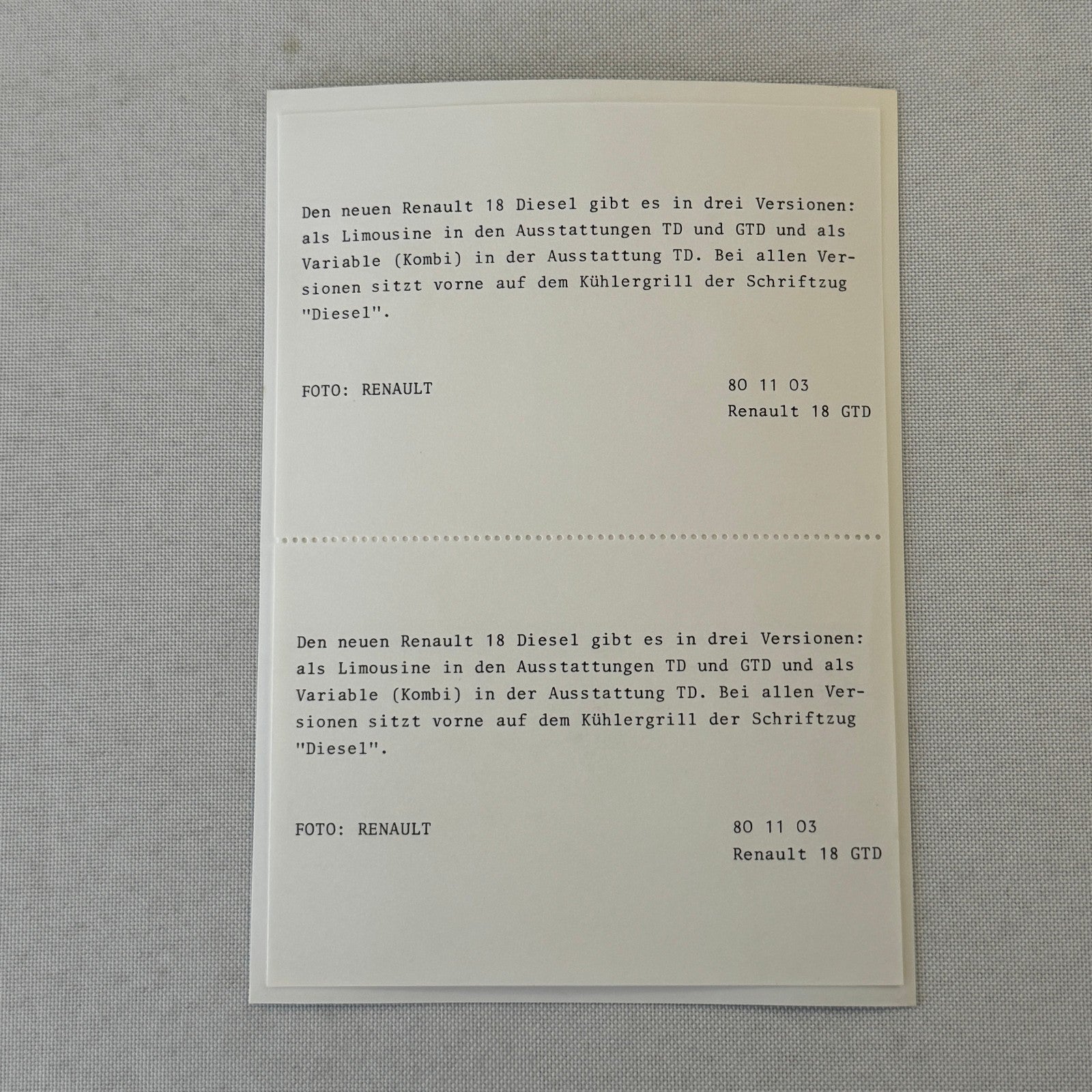 Renault 18 Diesel Car Factory Press Kit Renault 18 TD GTD GERMAN Text 1980 1981