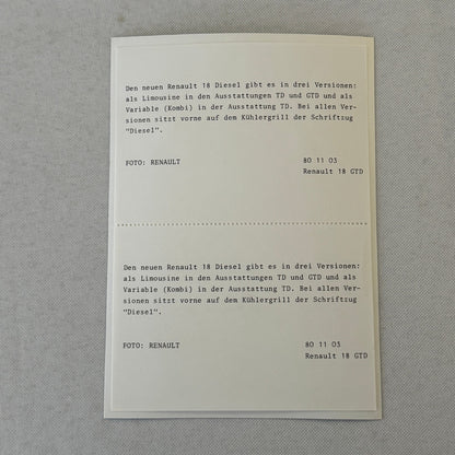 Renault 18 Diesel Car Factory Press Kit Renault 18 TD GTD GERMAN Text 1980 1981