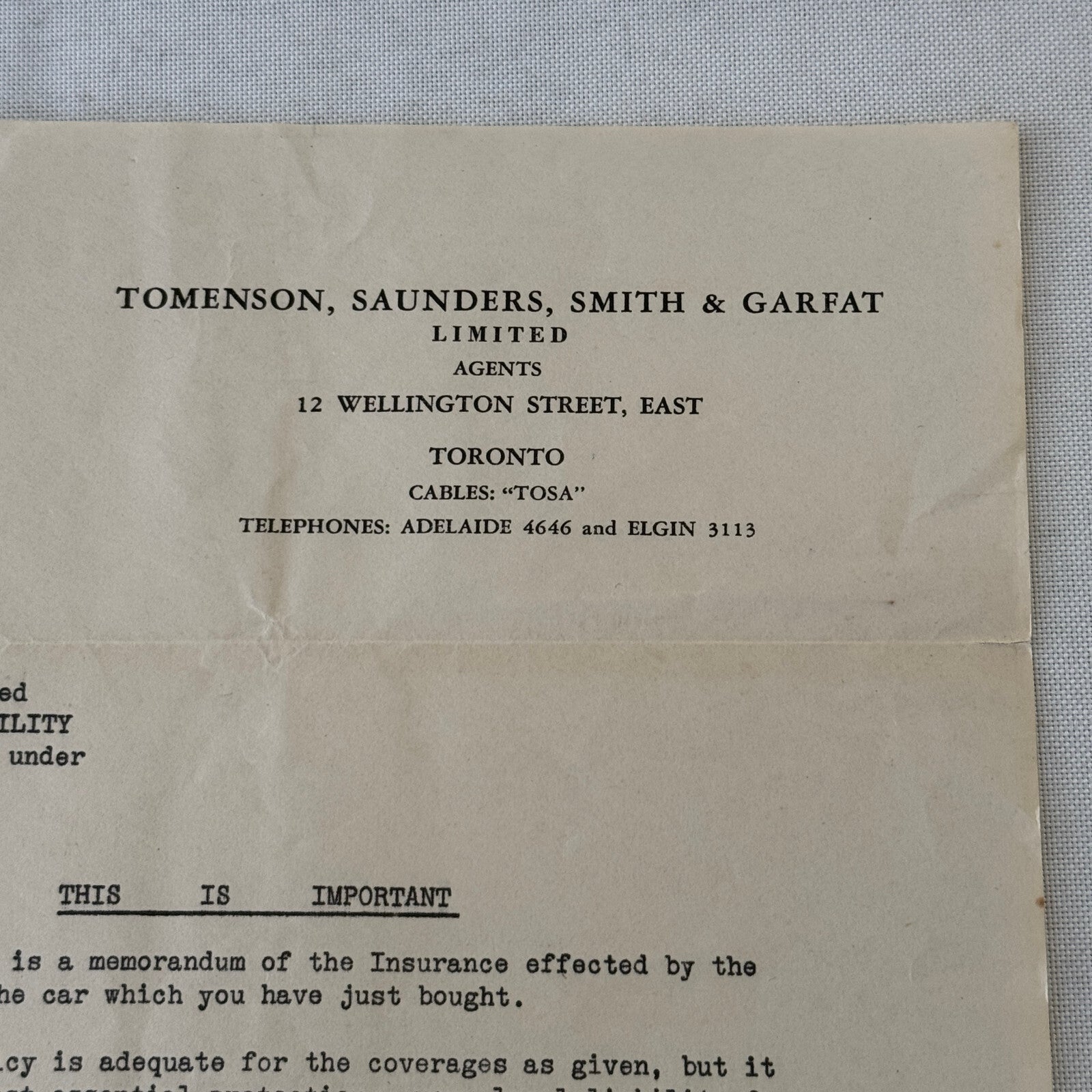 Vintage Toronto Federal Insurance Company Letterhead Letter Document