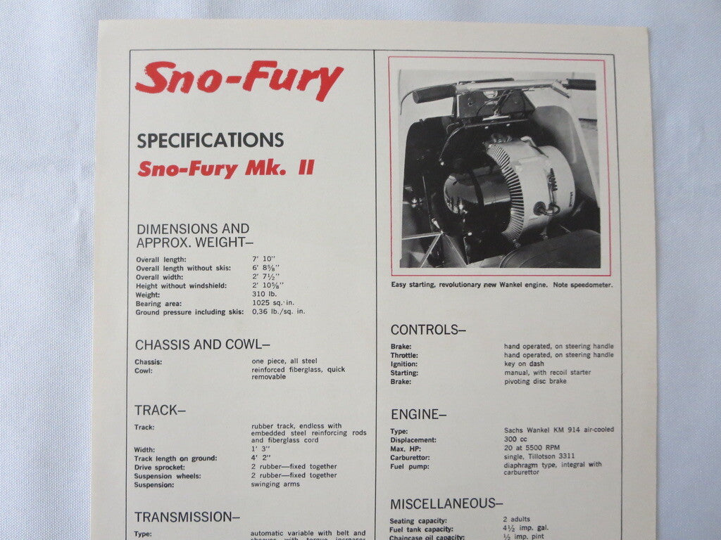 Vintage Sno-Fury MKII Swedish Snowmobile Snow Mobile Sales Sheet Brochure