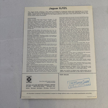 Jaguar XJ12L Sales Brochure Catalog Advertising Jaguar XJ British Leyland Canada