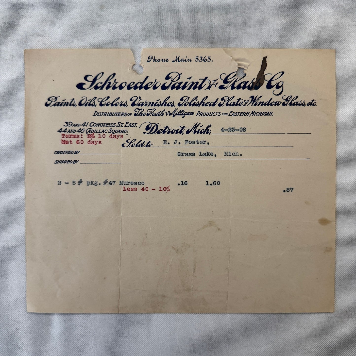 Schroeder Paint & Glass Company Detroit Michigan 1908 Receipt Document Lot 5x
