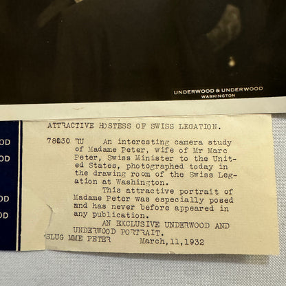 1932 Press Photo Photograph Wife of Swiss Legation Minister Marc Peter Vintage