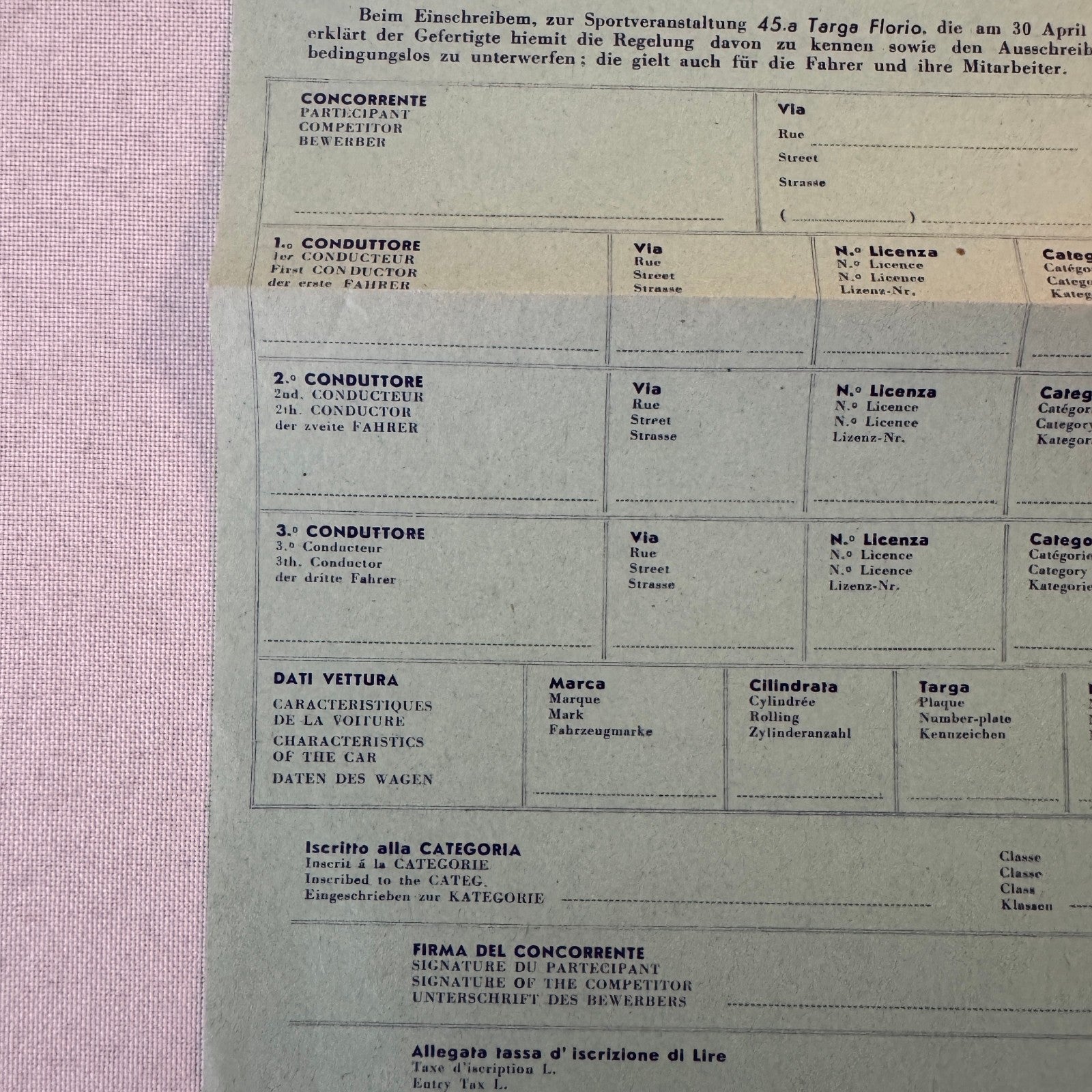 1961 Targa Florio Racing Race Application Form Document Vintage