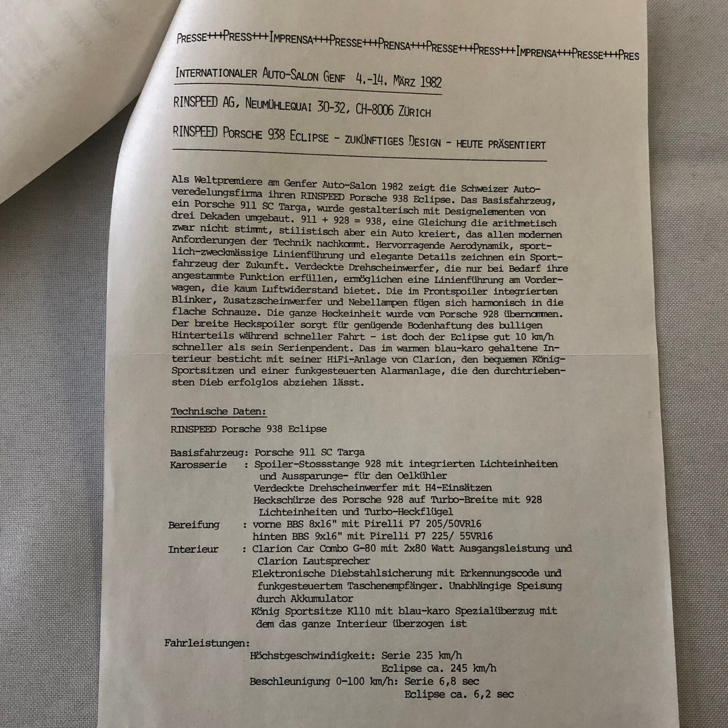 1982 Rinspeed Car Press Release Document Topaz Volkswagen Porsche 938 GERMAN