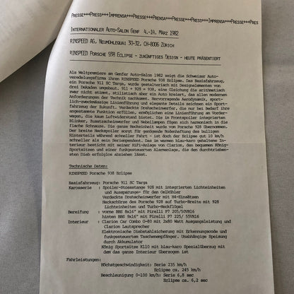1982 Rinspeed Car Press Release Document Topaz Volkswagen Porsche 938 GERMAN