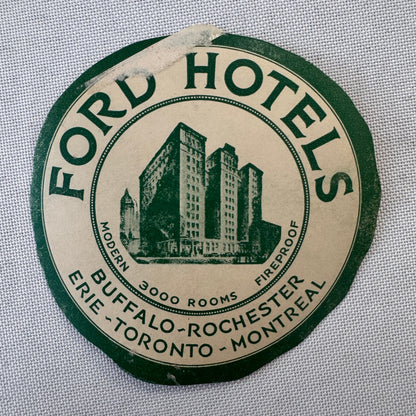 Vintage Hotel Travel Luggage Label Ford Hotel Buffalo Rochester Erie Toronto