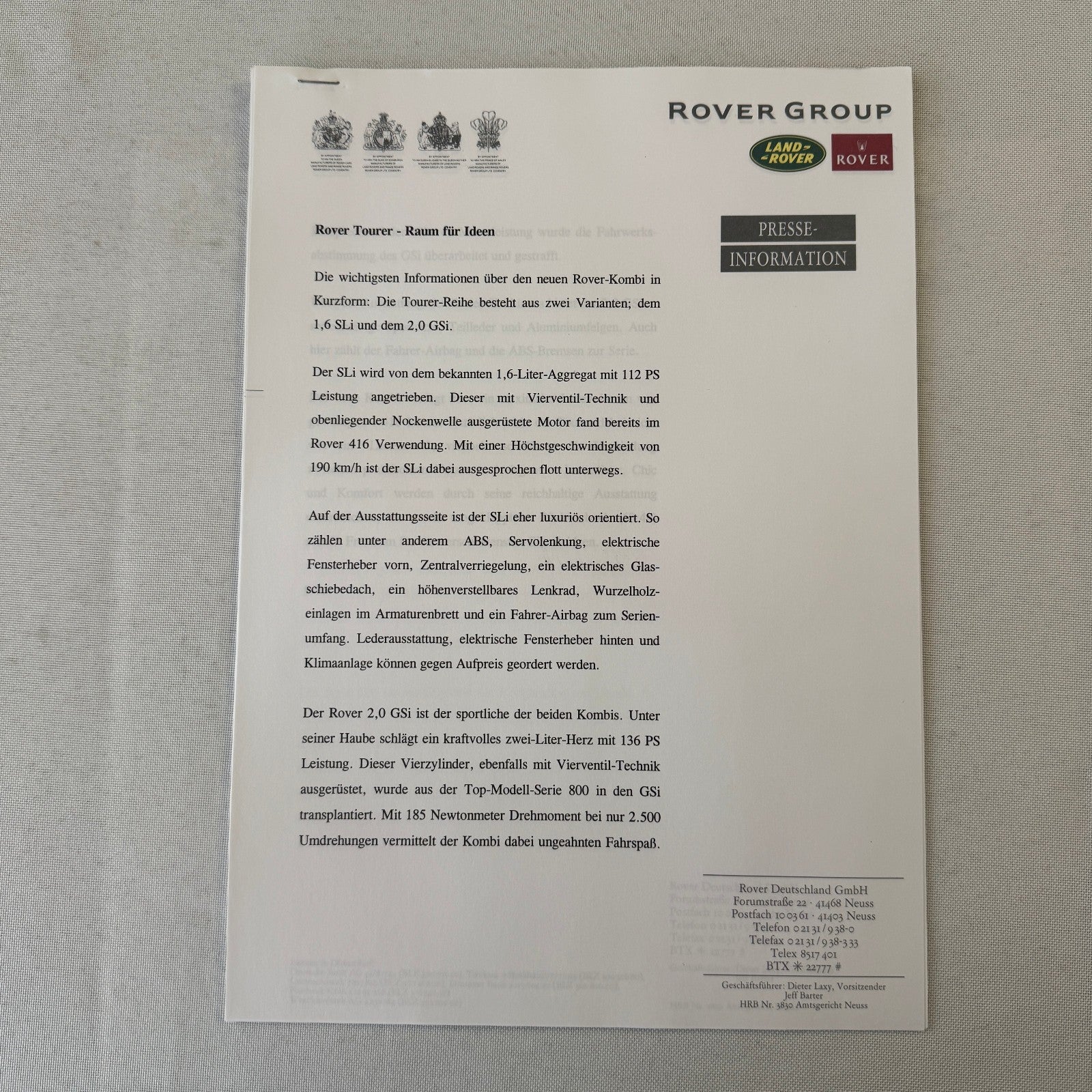 1995 1996 Rover Land Rover Press Kit Mini Cooper MG MGF Range Rover GERMAN