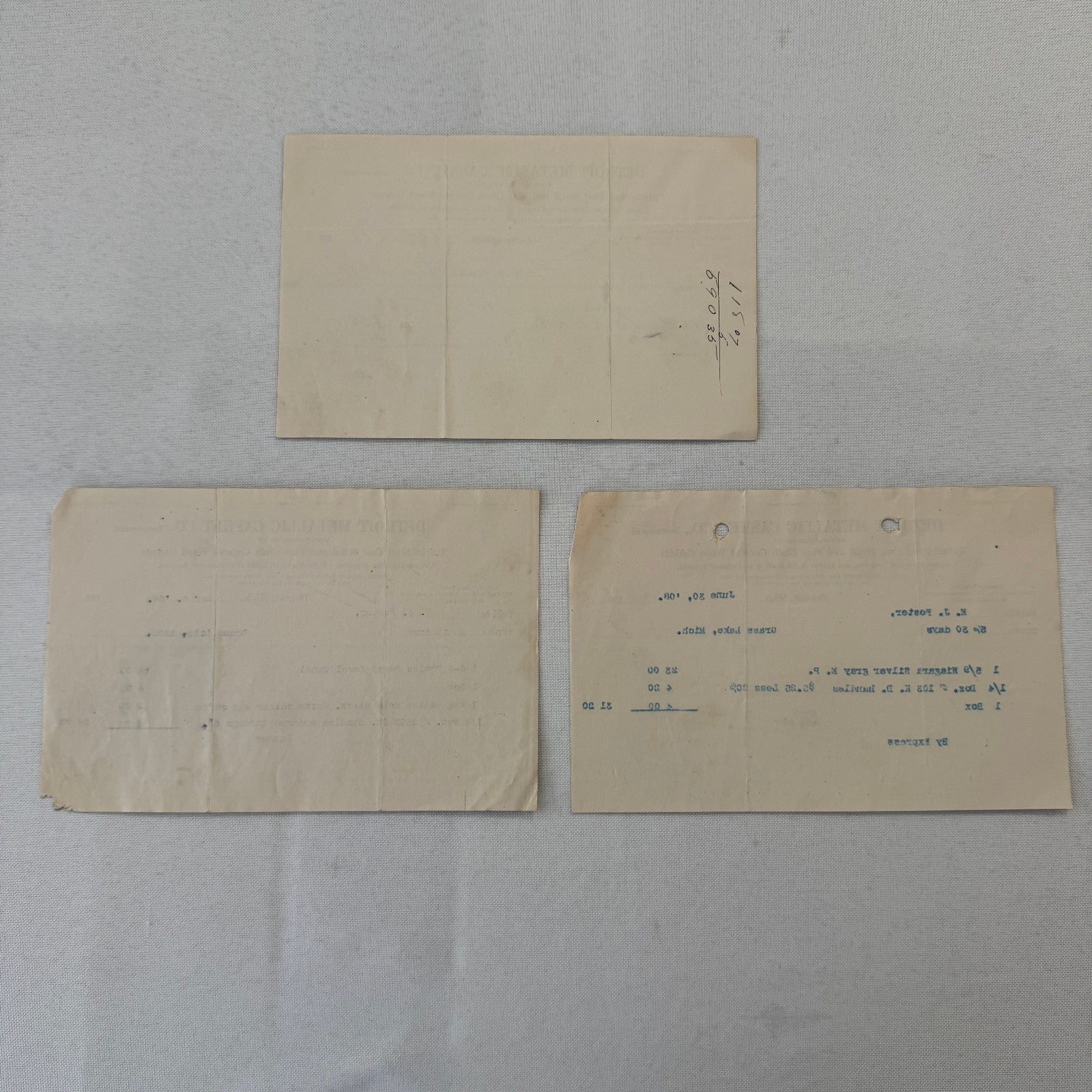 Detroit Metallic Casket Company 1908 Invoice Receipt Document Lot 3x Funeral