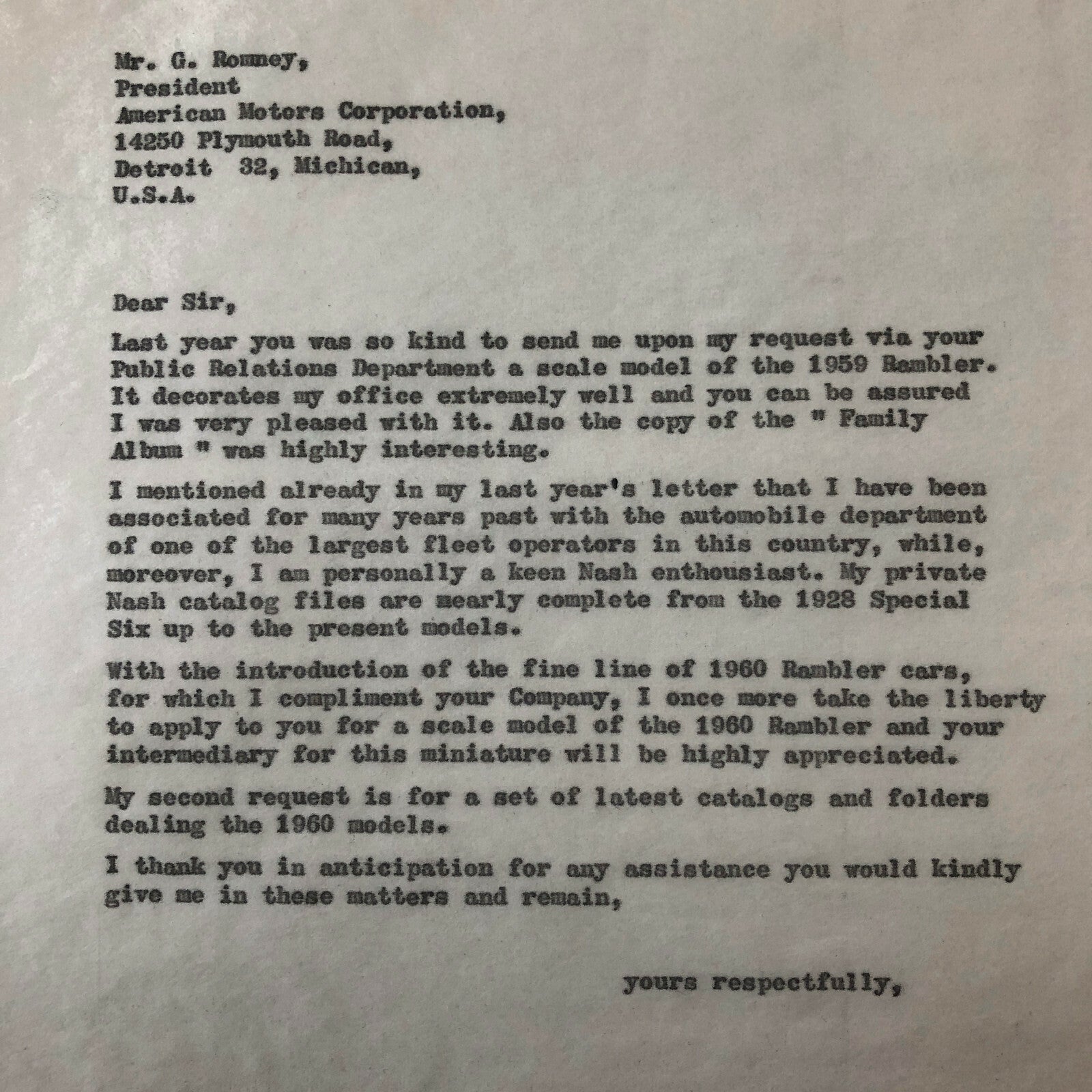 1960 - 1961 American Motors Corporation Car Letter Letterhead George Romney 