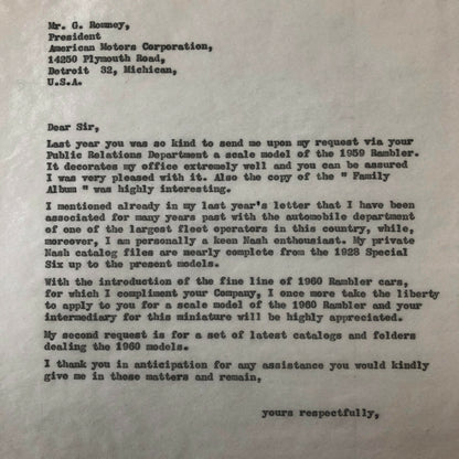 1960 - 1961 American Motors Corporation Car Letter Letterhead George Romney 