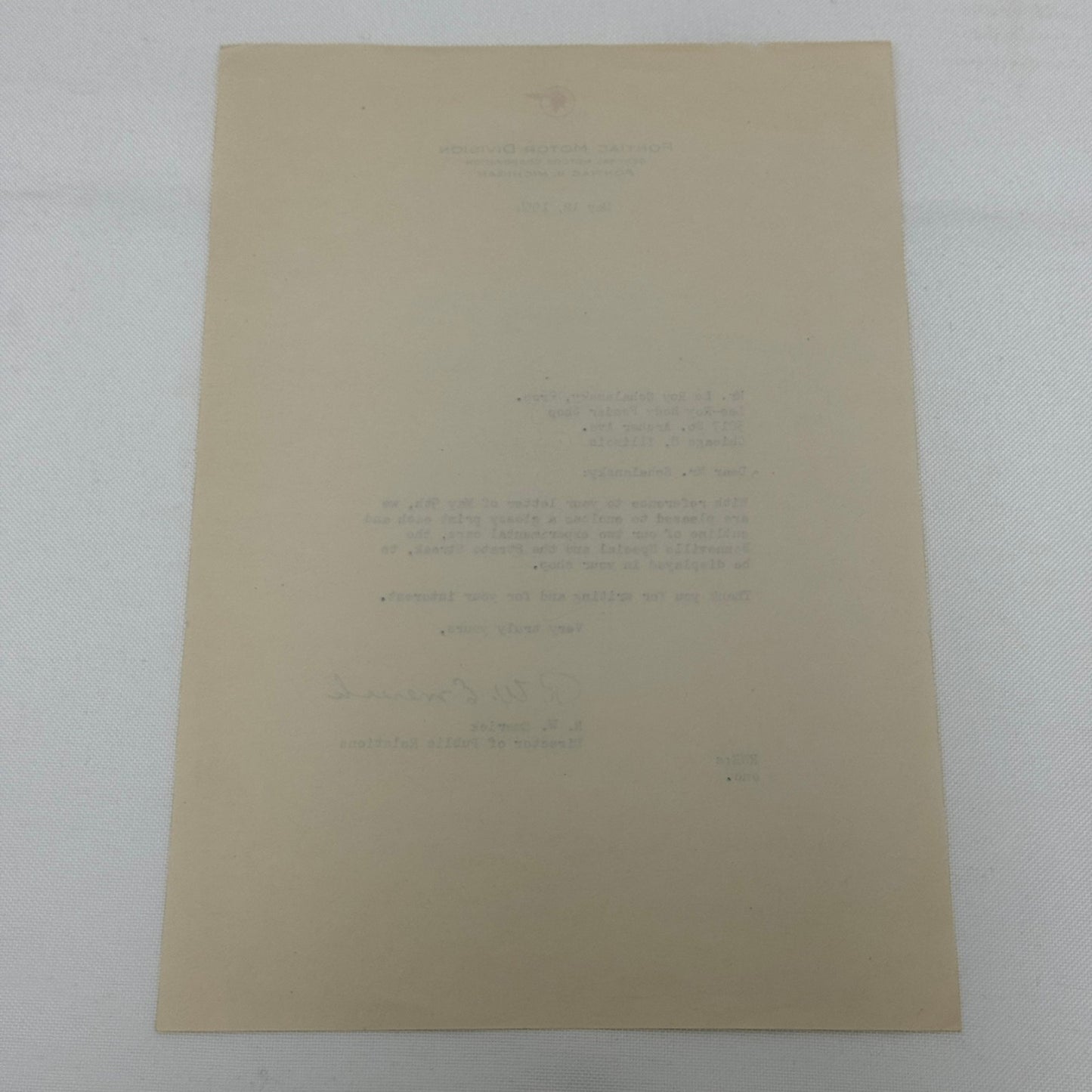 1954 Pontiac Letter Letterhead Vintage Document Signed Director Public Relations