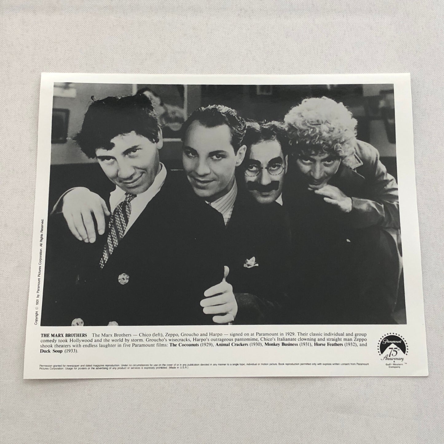 Marx Brothers Paramount Video Press Photo Photograph Print Groucho Harpo Chico +