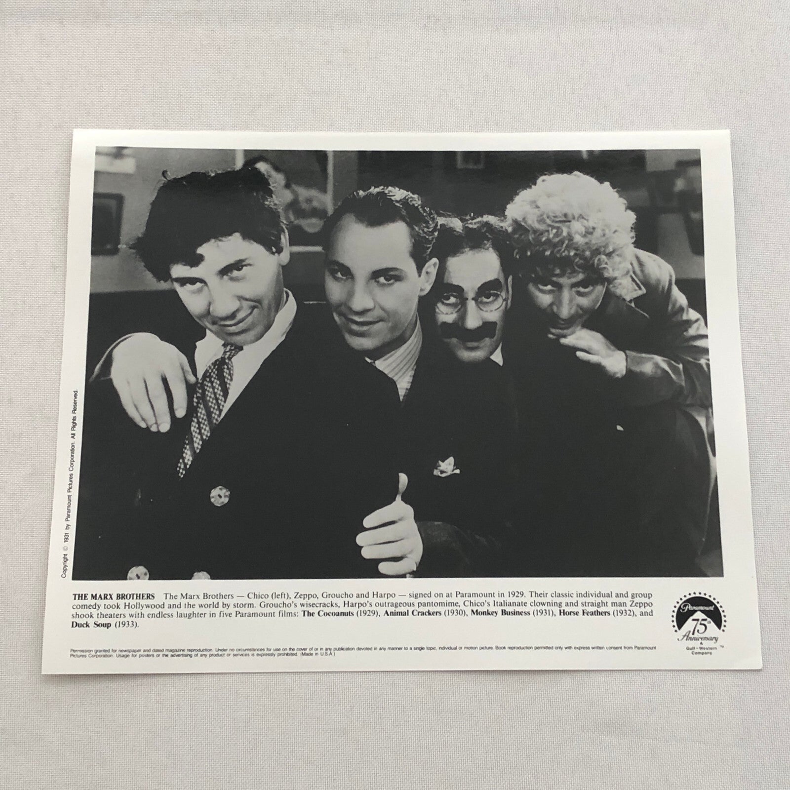Marx Brothers Paramount Video Press Photo Photograph Print Groucho Harpo Chico +