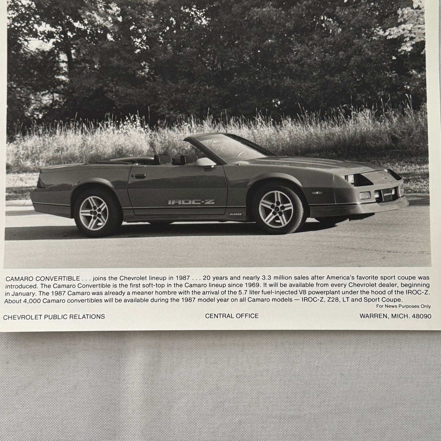 1987 Chevrolet Camaro IROC-Z Convertible Factory Press Photo Photograph Print