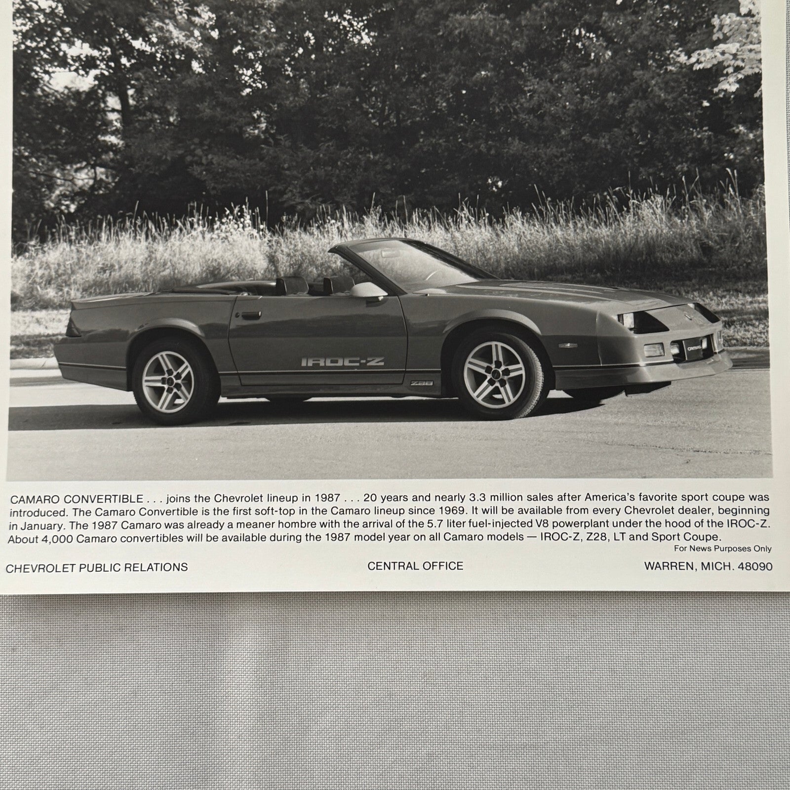 1987 Chevrolet Camaro IROC-Z Convertible Factory Press Photo Photograph Print