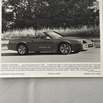 1987 Chevrolet Camaro IROC-Z Convertible Factory Press Photo Photograph Print