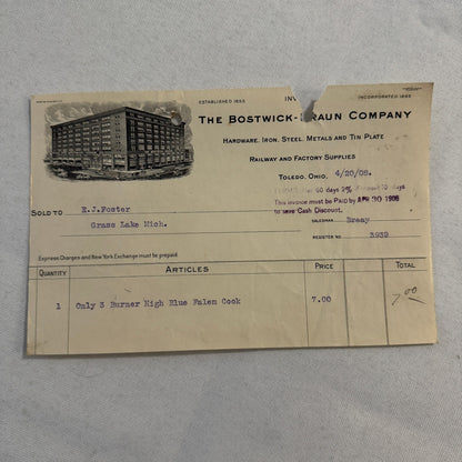Bostwick Braun Company Document 1908 Antique Invoice Receipt Ephemera Toledo OH