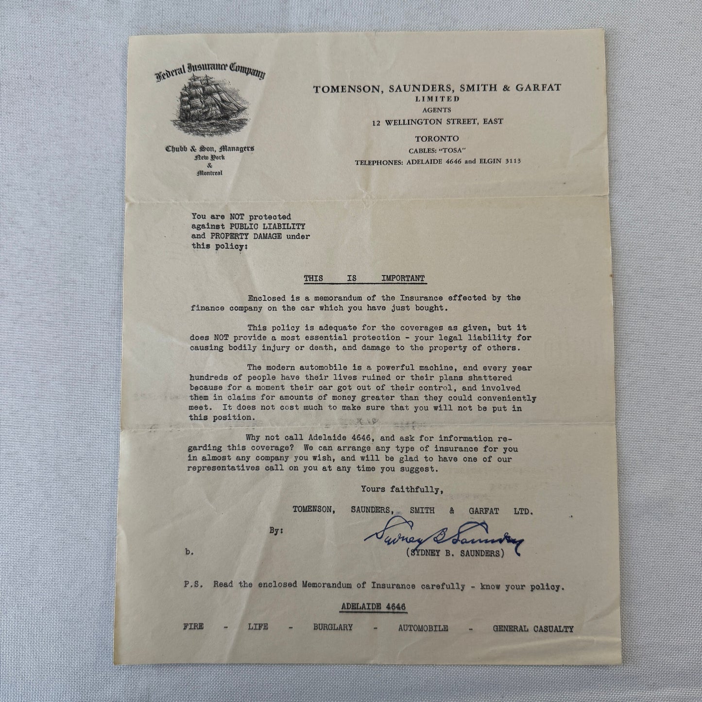 Vintage Toronto Federal Insurance Company Letterhead Letter Document