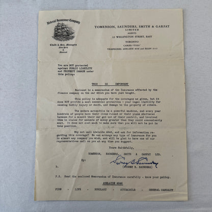 Vintage Toronto Federal Insurance Company Letterhead Letter Document