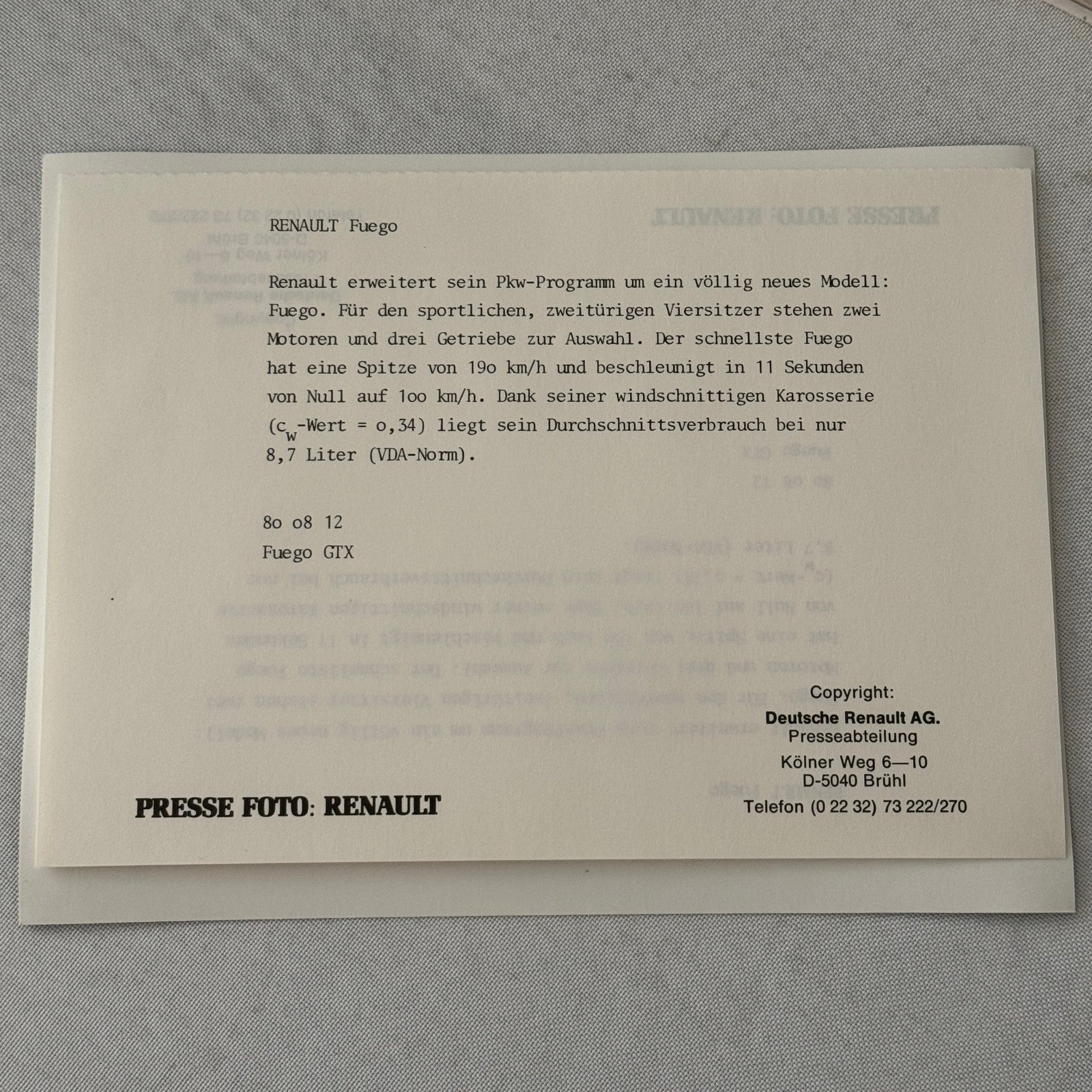 Renault Fuego Vintage Press Kit Brochure Photos 1980 GERMAN Text