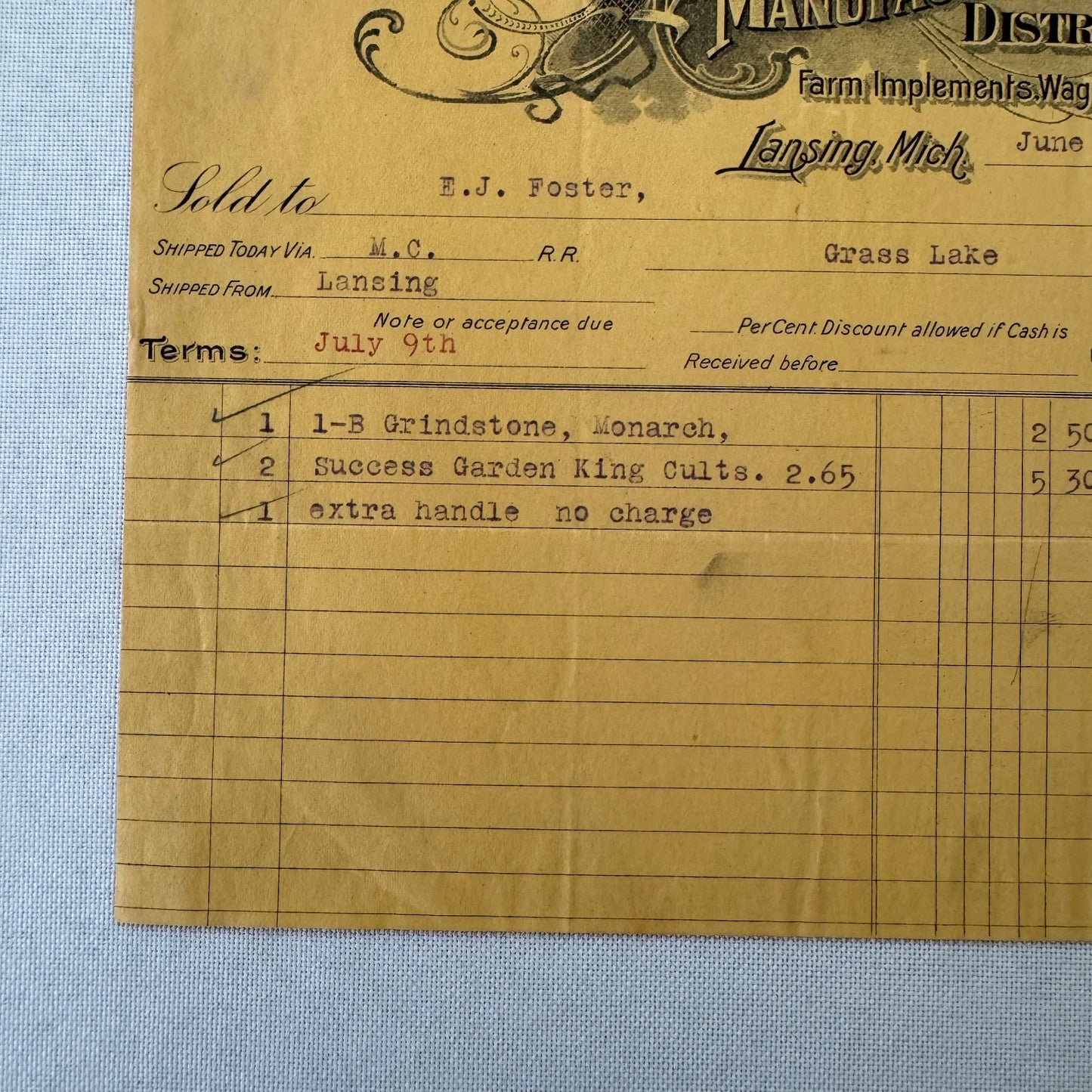 Michigan Distributing Company Farm Implements Carriages 1908 Document Lansing