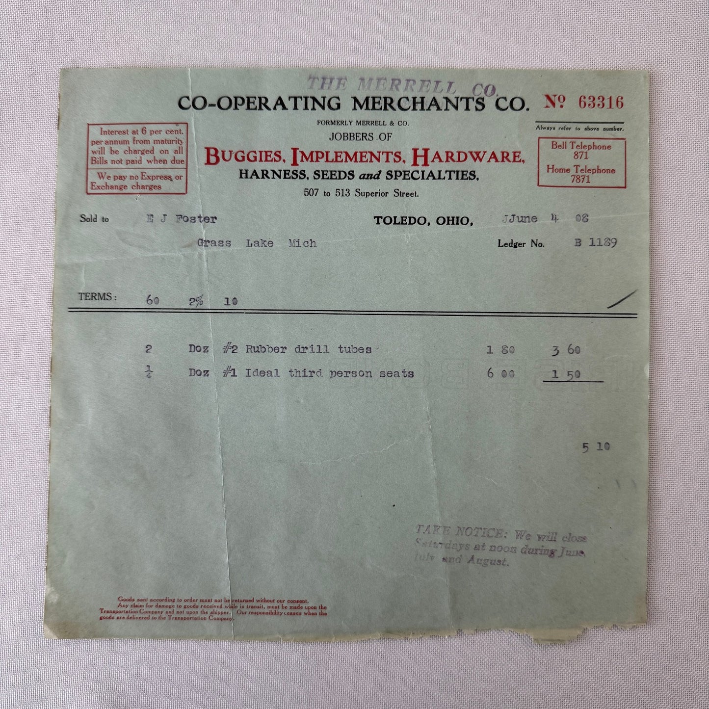 Cooperating Merchants Company Buggies and Hardware 1908 Receipt Invoice Lot 6x