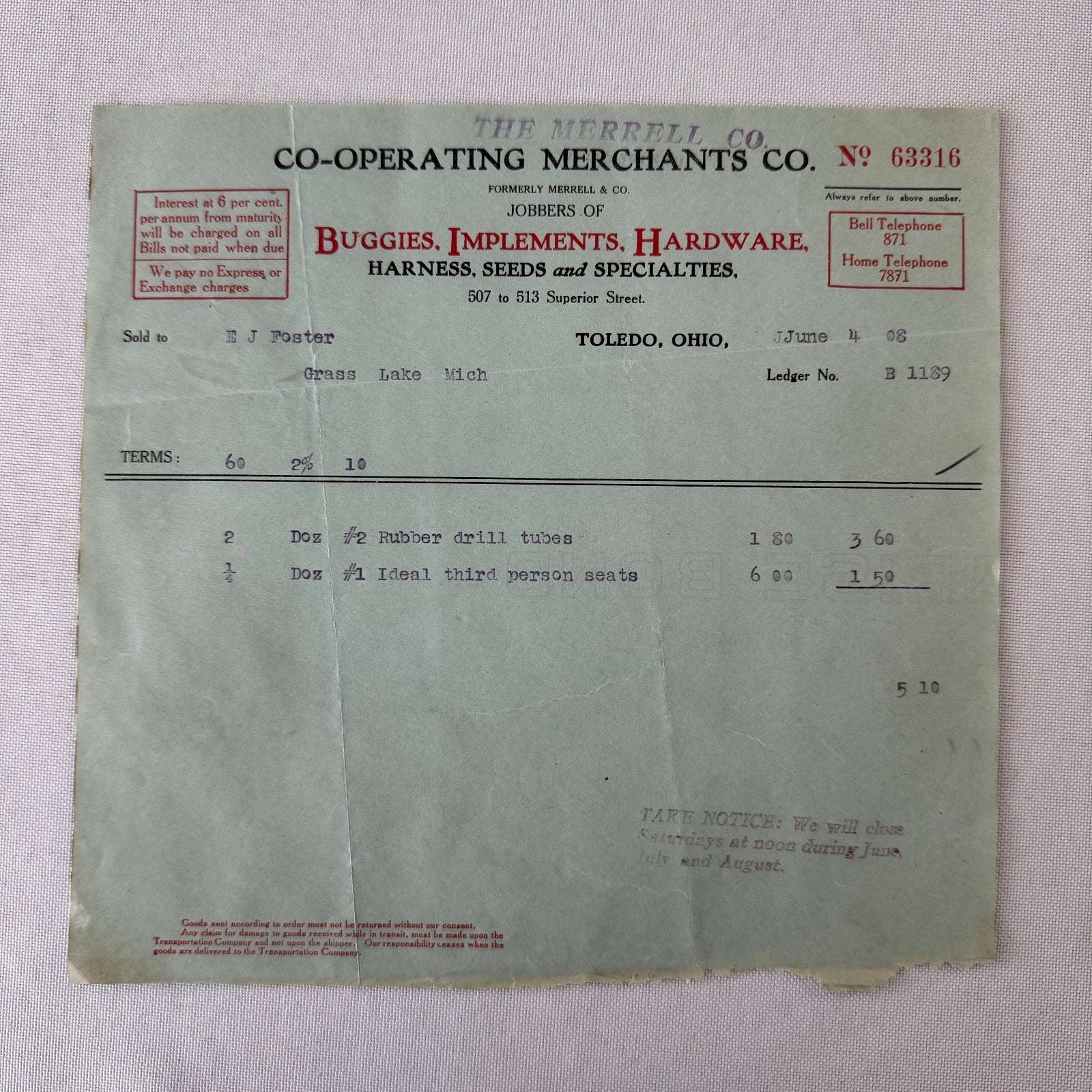 Cooperating Merchants Company Buggies and Hardware 1908 Receipt Invoice Lot 6x