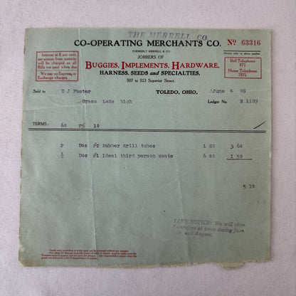 Cooperating Merchants Company Buggies and Hardware 1908 Receipt Invoice Lot 6x