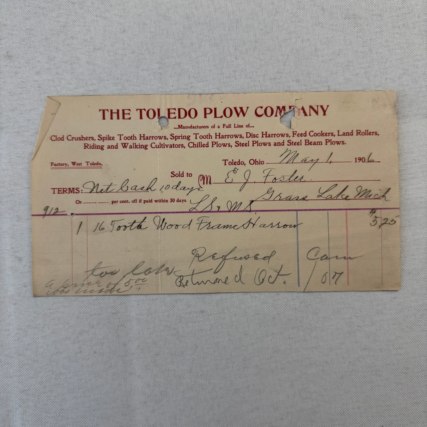 The Toledo Plow Company Invoice Receipt Document Lot 2x 1906 1908 Antique