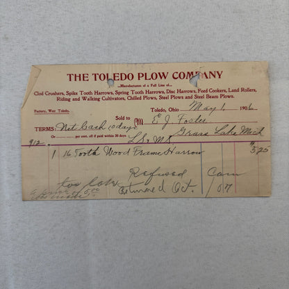 The Toledo Plow Company Invoice Receipt Document Lot 2x 1906 1908 Antique